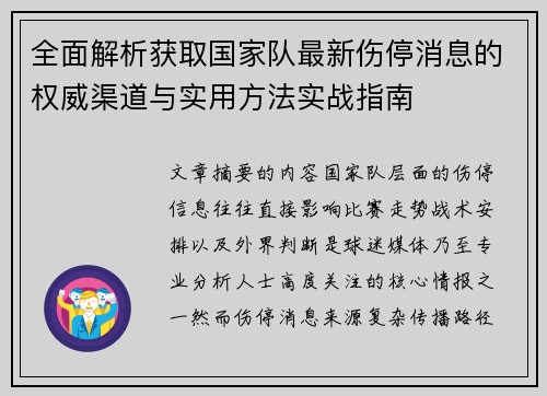 全面解析获取国家队最新伤停消息的权威渠道与实用方法实战指南 全面解析获取国家队最新伤停消息的权威渠道与实用方法实战指南